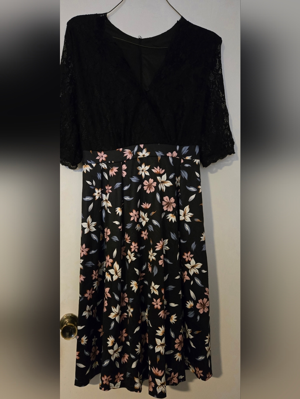 Black Lace Bodice Floral Midi Dress - Black with Pink & Cream Flowers